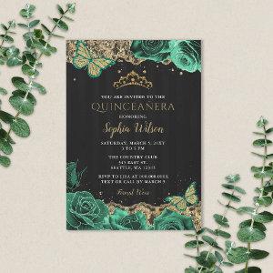 Vintage Emerald Green Roses Gold Lace Quinceañera