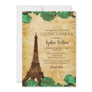 Vintage Emerald Roses Eiffel Tower Quinceañera