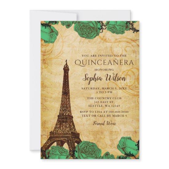 Vintage Emerald Roses Eiffel Tower Quinceañera