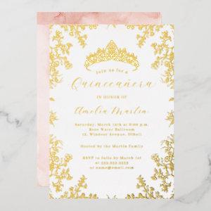 Vintage Floral Blush White Gold Quinceanera  Foil