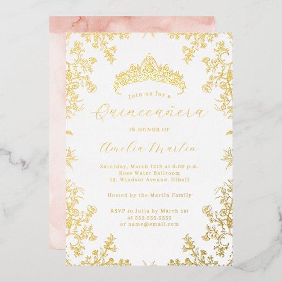 Vintage Floral Blush White Gold Quinceanera  Foil
