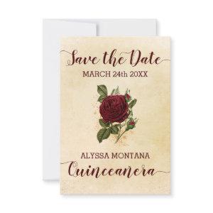 Vintage Floral Champagne Burgundy Rose Quinceanera Save The Date