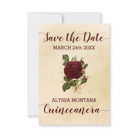 Vintage Floral Champagne Burgundy Rose Quinceanera Save The Date