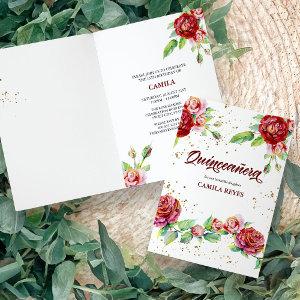 Vintage Floral Roses Red Pink and Gold Quinceanera