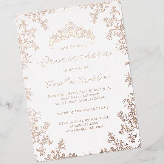 Vintage Floral White Rose Gold Quinceanera  Foil