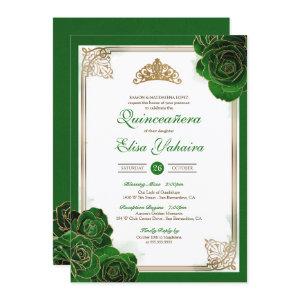 Vintage Forest Green Gold Roses Royal Quinceanera