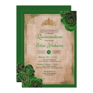 Vintage Forest Green Gold Roses Royal Quinceanera
