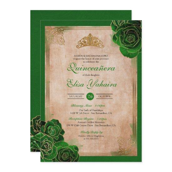 Vintage Forest Green Gold Roses Royal Quinceanera