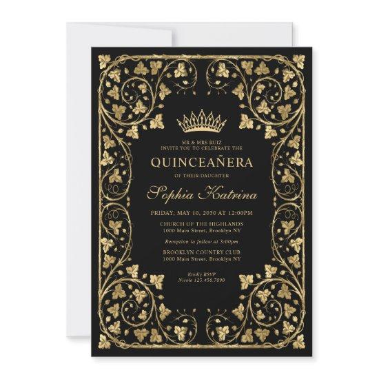 Vintage Glam Black Gold Frame Tiara Quinceanera