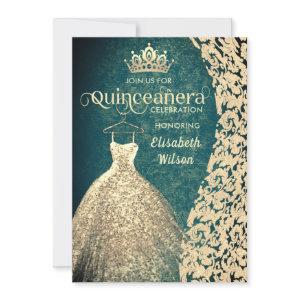 Vintage gold dress damask  tiara Quinceañera green