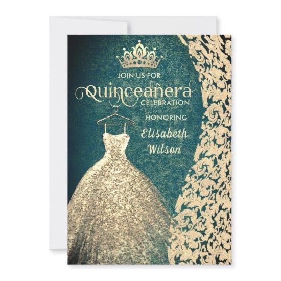 Vintage gold dress damask  tiara Quinceañera green