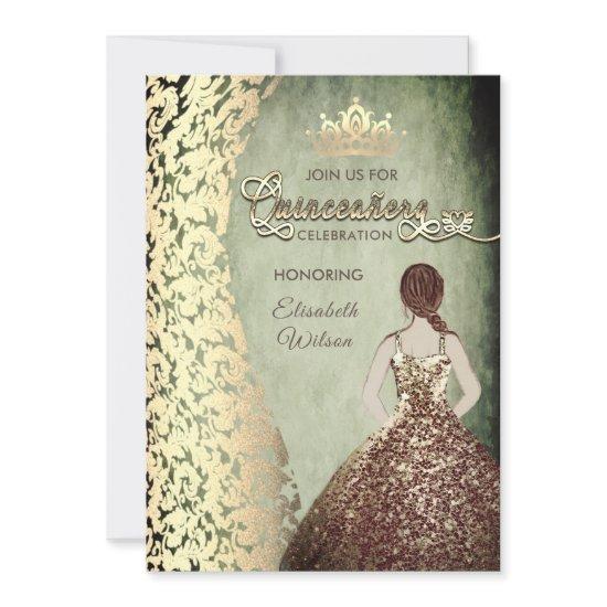 Vintage gold dress damask  tiara Quinceañera