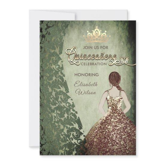 Vintage gold dress damask  tiara Quinceañera