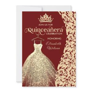 Vintage gold dress damask  tiara Quinceañera red