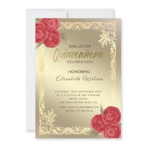 Vintage gold frame red roses Quinceañera