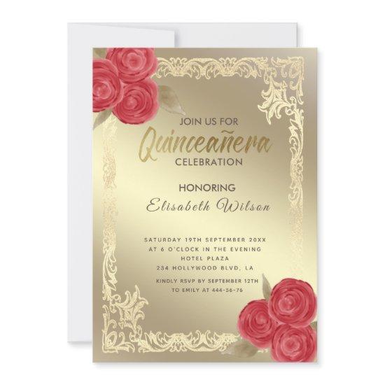 Vintage gold frame red roses Quinceañera