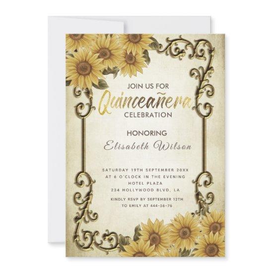 Vintage gold frame sunflower Quinceañera  Invitati
