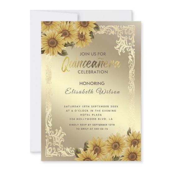 Vintage gold frame sunflower Quinceañera  Invitati