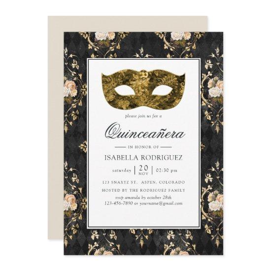 Vintage Gold Masquerade Floral Damask Quinceañera