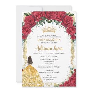 Vintage Gold Red Roses Yellow Dress Quinceañera