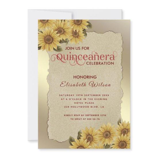 Vintage gold torn paper sunflower Quinceañera