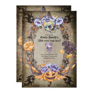 Vintage Gothic Skulls Purple Oranage Flowers Goth
