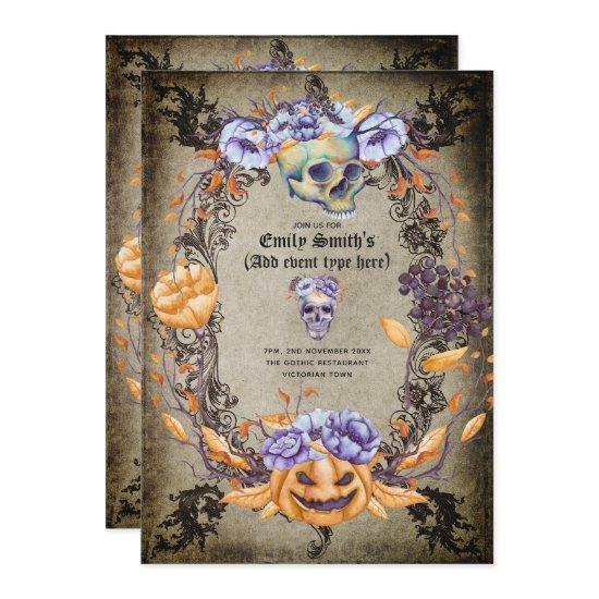 Vintage Gothic Skulls Purple Oranage Flowers Goth