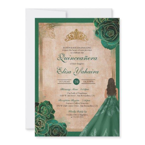 Vintage Green Gold Roses Elegant Royal Quinceanera