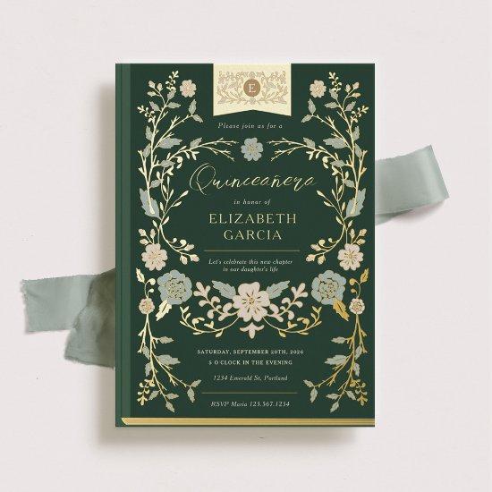 Vintage Library Book Elegant Green Quinceañera Foil