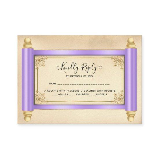Vintage Lilac Gold Scroll Elegant Quinceañera RSVP Enclosure Card