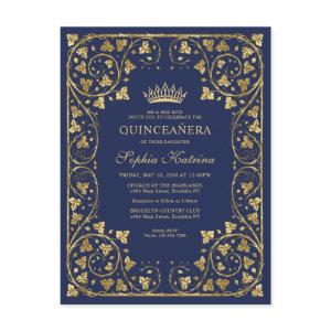 Vintage Navy Blue Gold Frame Tiara Quinceanera  Postcard