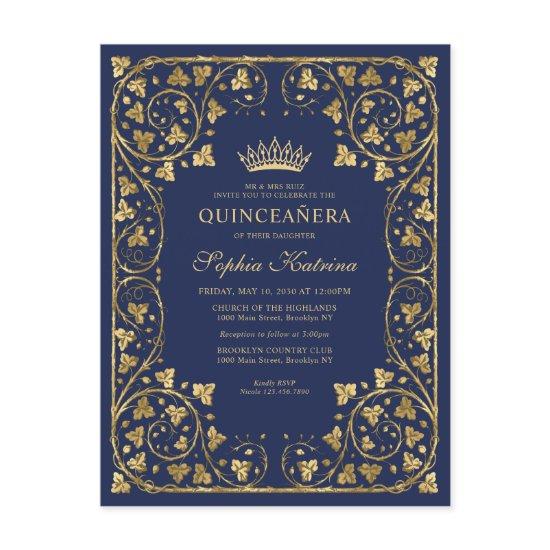 Vintage Navy Blue Gold Frame Tiara Quinceanera  Postcard