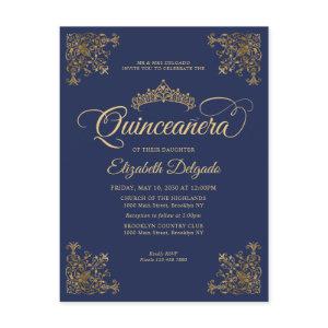 Vintage Navy Blue Gold Frame Tiara Quinceanera Postcard