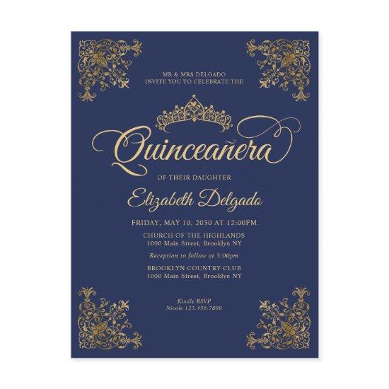 Vintage Navy Blue Gold Frame Tiara Quinceanera Postcard