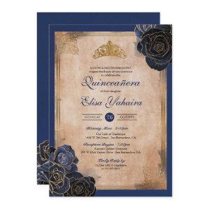 Vintage Navy Blue Gold Roses Royal Quinceanera