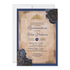 Vintage Navy Blue Gold Roses Royal Quinceanera