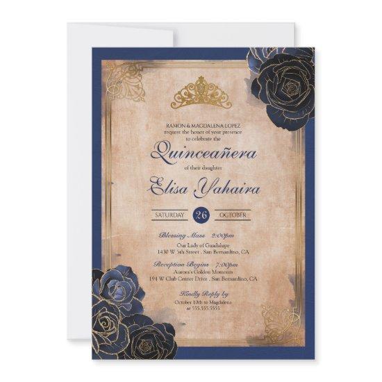 Vintage Navy Blue Gold Roses Royal Quinceanera