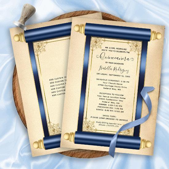 Vintage Navy Gold Scroll Elegant Quinceañera