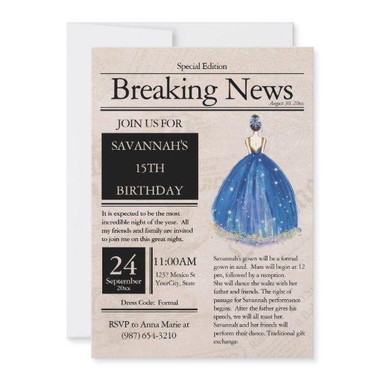 Vintage Newspaper Quinceañera Blue Azul