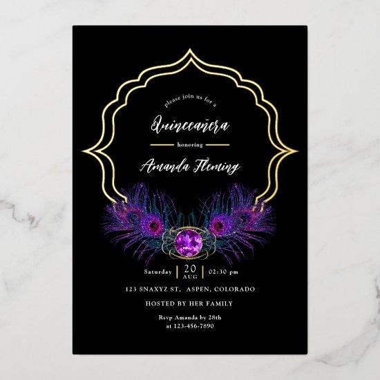 Vintage Peacock Floral Quinceañera Foil