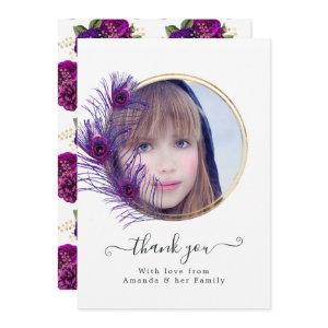 Vintage Peacock Floral Quinceañera Photo Thank You Card