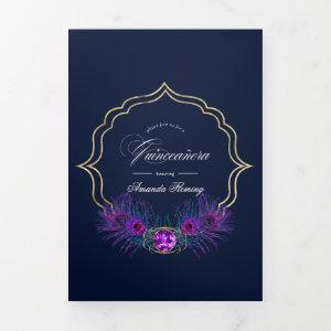 Vintage Peacock Floral Quinceañera Photo Tri-Fold