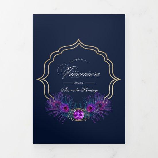 Vintage Peacock Floral Quinceañera Photo Tri-Fold