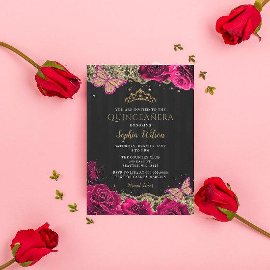 Vintage Pink Roses Black Gold Lace Quinceañera