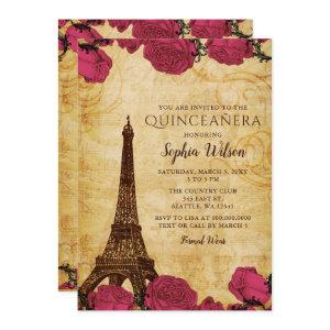 Vintage Pink Roses Eiffel Tower Quinceañera