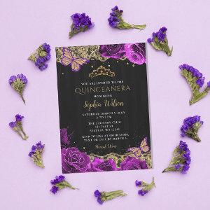 Vintage Purple Roses Black Gold Lace Quinceañera