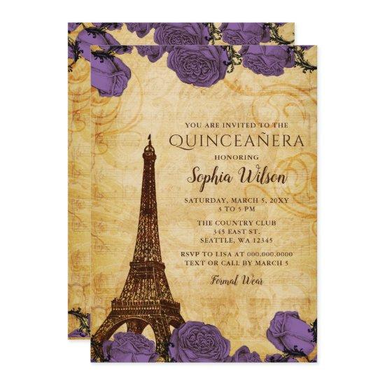 Vintage Purple Roses Eiffel Tower Quinceañera
