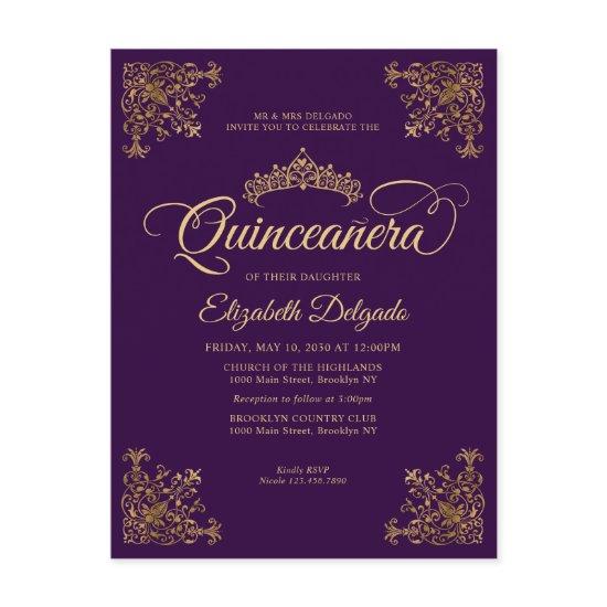 Vintage Purple Violet Gold Frame Tiara Quinceanera Postcard