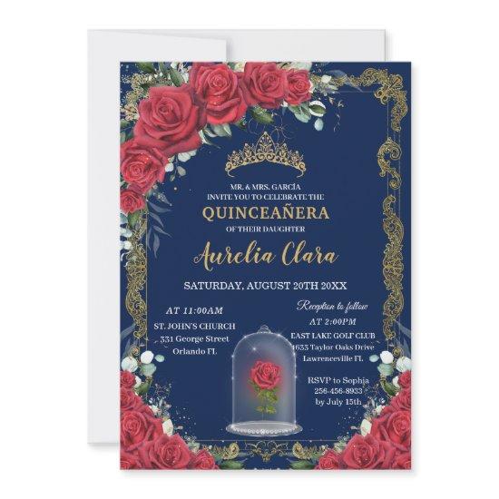 Vintage Quinceañera Enchanted Red Rose Navy Blue