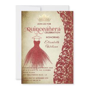 Vintage red dress damask gold tiara Quinceañera